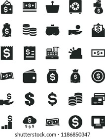 solid black flat icon set dollar vector, strongbox, cards, coins, shopping basket, denomination of the, article on, financial item, get a wage, catch coin, wallet, purse, money, dollars, cash, rain