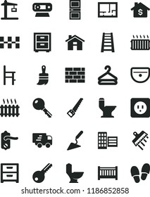solid black flat icon set house vector, bedside table, baby cot, a chair for feeding, brickwork, building trowel, arm saw, wooden paint brush, stepladder, sink, toilet, comfortable, lay out of flat