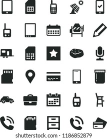 solid black flat icon set desktop microphone vector, calendar, bank card, toy phone, mobile, a chair for feeding child, concrete mixer, smartphone, nightstand, call, piece of meat, jam, retro car