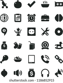 solid black flat icon set alarm clock vector, spectacles, check mark, summer stroller, warm socks, packing of juice with a straw, small rocking horse, tools, power socket type f, headphones, volume