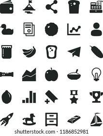 solid black flat icon set incandescent lamp vector, add bookmark, paper airplane, line chart, graph, rubber duck, small rocking horse, construction level, nightstand, Easter cake, cabbage, cucumber