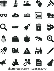 solid black flat icon set tassel vector, danger of electricity, bell, scribbled paper, magnifier, zoom, baby rattle, bath, paint roller, plastic brush, heating coil, onion, japanese sushi, grape