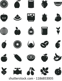 solid black flat icon set cucumber vector, coffee beans, a glass of tea, jam, apple, apricot, red, tasty, strawberry, cornels, mulberry, water melon, loquat, slice, half, yellow lemon, kiwi, orange