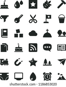 solid black flat icon set scissors vector, alarm clock, clean paper, rss feed, nappy, cubes for children, cake, bucket, key, hammer, star, book, drop, trees, forest, magnet, water filter, speech