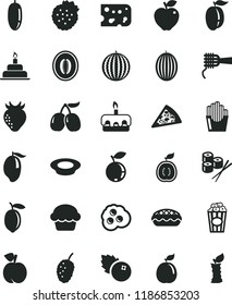 solid black flat icon set birthday cake vector, piece of cheese, pizza, noodles, torte, apple pie, a plate milk, fried potato slices, sushi set, cup popcorn, omelette, blueberries, strawberries