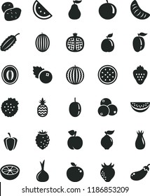 solid black flat icon set blueberries vector, strawberry, strawberries, a pineapple, orange slice, peach, half pomegranate, quince, rose hip, tasty raspberry, melon, water, tangerine, of, ripe plum