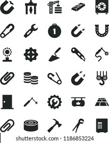 solid black flat icon set clip vector, safety pin, open, tower crane, winch hook, trowel, adjustable wrench, ntrance door, gear, stationery knife, paving slab, hammer with claw, strongbox, magnet