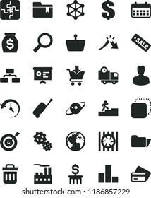 solid black flat icon set sign of the planet vector, dollar, bar chart, folder bookmark, Puzzles, flowchart, put in cart, delivery, copy, industrial building, gears, shopping basket, woman, a crisis