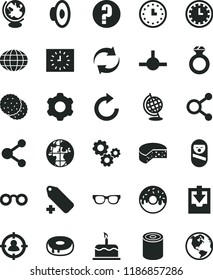 solid black flat icon set clock face vector, renewal, clockwise, loudspeaker, add label, download archive data, question, roly poly doll, cogwheel, cake, cheese, tin, with a hole, glazed, biscuit