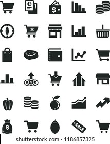solid black flat icon set grocery basket vector, purse, growth up, graph, negative histogram, positive, cart, put in, crossed, coins, piece of meat, blueberry, tamarillo, Bell pepper, stall, chart