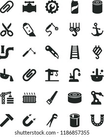 solid black flat icon set scissors vector, clip, crane, tower, hook, winch, adjustable wrench, arm saw, stepladder, gear, knife, stationery, kitchen faucet, hammer, anchor, canned goods, tin, valve