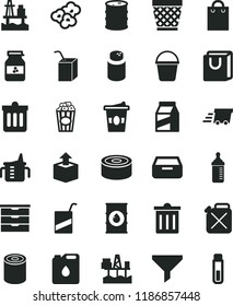 solid black flat icon set wicker pot vector, bin, storage unit, measuring cup for feeding, bottle, powder, packing of juice with a straw, bucket, dust, drawer, bag handles, package, unpacking