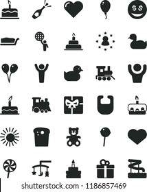 solid black flat icon set heart symbol vector, toys over the cradle, bib, rubber duck, baby duckling, teddy bear, toy train, children's, colored air balloons, balloon, cake, birthday, gift, Easter