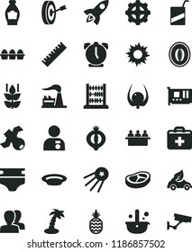 solid black flat icon set yardstick vector, women, first aid kit, diaper, abacus, alarm clock, bundle of eggs, plate, bacon, a pineapple, mint, bottle, half medlar, melon, physalis, factory, gear
