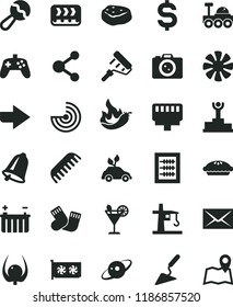 solid black flat icon set envelope vector, right direction, new abacus, beanbag, comb, warm socks, building trowel, paint roller, bell, pie, piece of meat, cocktail, physalis, hot pepper, battery