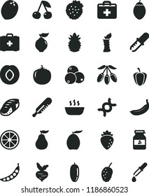 solid black flat icon set first aid kit vector, mercury thermometer, medical bag, hot porridge, sushi, jar of jam, strawberries, cherry, quince, plum, raspberry, blueberries, tasty mulberry, loquat