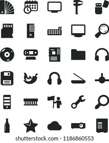 solid black flat icon set color samples vector, star, chili, calipers, Glass bottle, magnifier, radiator fan, keyboard, pc tower, motherboard, monitor, web camera, cd, scanner, usb flash, headphones