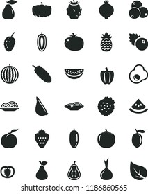 solid black flat icon set onion vector, slices of, cucumber, tomato, garlic, fried egg, blueberries, strawberry, strawberries, pear, ripe peach, medlar, blackberry, tasty mulberry, water melon, half