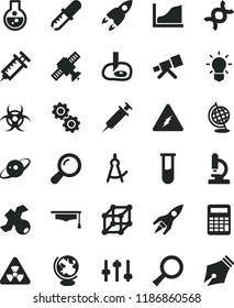 solid black flat icon set flask vector, test tube, microscope, telescope, electricity, nuclear, zoom, dna, bulb, gears, settings, satellite, biohazard, pipette, globe, graduate hat, calculator