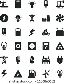 solid black flat icon set lightning vector, incandescent lamp, saving light bulb, power socket type b, dangers, electronic boiler, marine propeller, charge level, oil derrick, working, gas station
