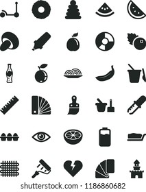 solid black flat icon set yardstick vector, stacking rings, toy sand set, children's, Kick scooter, paint roller, color samples, sample of colour, plastic brush, broken heart, eye, bundle eggs