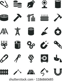 solid black flat icon set safety pin vector, open, tower crane, hook, winch, trowel, adjustable wrench, ladder, stationery knife, paving slab, new radiator, hammer, with claw, strongbox, tin, barrel