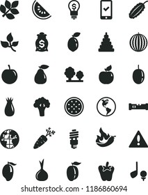 solid black flat icon set warning vector, stacking toy, construction level, peper, pear, apricot, rose hip, water melon, slice of, mango, ripe plum, tasty, passion fruit, half, sour lime, hot pepper