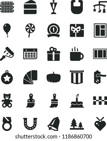 solid black flat icon set toys over the cradle vector, bib, teddy bear, balloon, cake, window, frame, paint roller, sample of colour, plastic brush, wooden, door knob, ceramic tiles, bell, gift