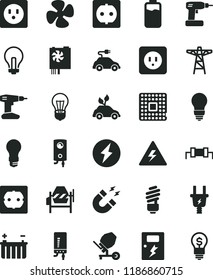 solid black flat icon set danger of electricity vector, incandescent lamp, concrete mixer, cordless drill, saving light bulb, power socket type b, f, dangers, boiler, electronic, fan screw, battery