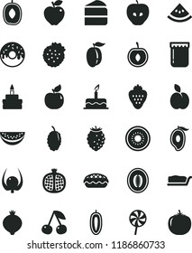 solid black flat icon set cake vector, piece of, slice, birthday, glazed with a hole, apple pie, lollipop, jam, strawberry, strawberries, cherry, half pomegranate, apricot, red, tasty, medlar, mango