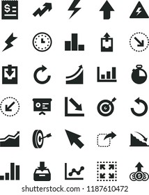 solid black flat icon set lightning vector, danger of electricity, upward direction, growth up, clockwise, counterclockwise, bar chart, graph, negative, upload archive data, download, timer, size