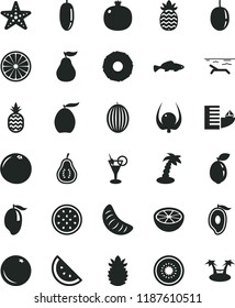 solid black flat icon set small fish vector, a pineapple, orange slice, pomegranate, melon, mango, half of, loquat, date fruit, tangerine, passion, kiwi, sour lime, ripe, grapefruit, guava, part