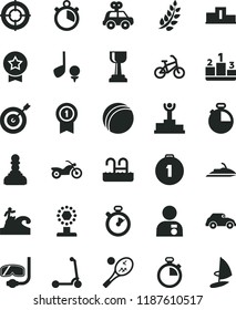 solid black flat icon set stopwatch vector, bath ball, motor vehicle present, child Kick scooter, timer, pedestal, retro car, laurel branch, winner podium, cup, gold, pawn, man with medal, target