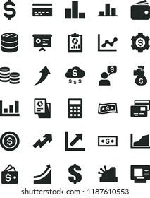 solid black flat icon set bank card vector, growth up, dollar, bar chart, graph, cards, coins, column of, statistical overview, denomination the, wallet, research, calculator, cashbox, arrow, rain