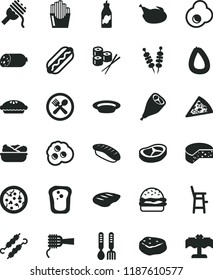 solid black flat icon set a chair for feeding child vector, iron fork spoons, sausage, stick of, cheese, fried vegetables on sticks, pizza, piece, Hot Dog, burger, spaghetti, noodles, pie, chicken