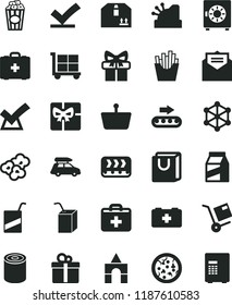 solid black flat icon set cargo trolley vector, first aid kit, bag of a paramedic, medical, e, packing juice with straw, box bricks, received letter, strongbox, handles, cardboard, gift, package