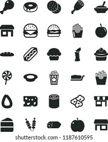 solid black flat icon set kiosk vector, sausage, stick of, piece cheese, loaf, tin, fried vegetables on sticks, Hot Dog, big burger, cake, muffin, slice, with a hole, bowl buckwheat porridge, thigh