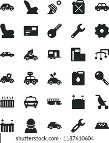 solid black flat icon set truck lorry vector, toys over the cot, Baby chair, car child seat, summer stroller, motor vehicle, present, key, pass card, big solar panel, modern gas station, accumulator