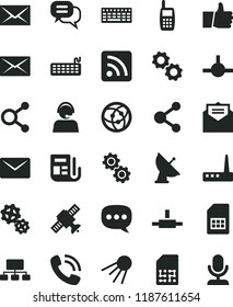 solid black flat icon set envelope vector, rss feed, received letter, thumb up, artificial satellite, gears, SIM card, connection, connections, scheme, operator, morning paper, phone call, mobile