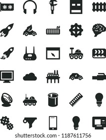 solid black flat icon set monitor window vector, bulb, new radiator, headphones, smartphone, light, industrial enterprise, gear, gears, conveyor, eco car, electric transport, pipes, caliper, rocket