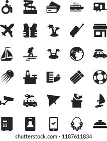 solid black flat icon set earth vector, train, car baggage, camper, sail boat, hang glider, backpacker, identity card, passort control, plane, phone registration, rolling case, credit, hotel, safe