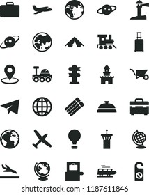 solid black flat icon set sign of the planet vector, paper airplane, baby toy train, building trolley, suitcase, earth, coastal lighthouse, geolocation, globe, saturn, lunar rover, sand castle, tent