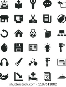 solid black flat icon set counterclockwise vector, negative chart, baby bath ball, packing of juice with a straw, tricycle, house, hand saw, speech, book, unpacking, move left, chili, lime, calipers