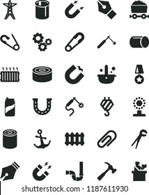 solid black flat icon set clip vector, safety pin, open, hook, adjustable wrench, siphon, new radiator, hammer with claw, anchor, canned goods, tin, soda can, power line, magnet, horseshoe, pipe