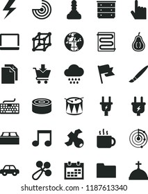 solid black flat icon set tassel vector, lightning, calendar, keyboard, clean paper, chest of drawers, baby rattle, cloud, motor vehicle, drum, building block, heating coil, index finger, flag, plug