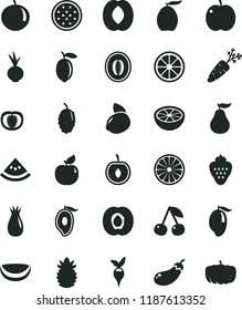 solid black flat icon set beet vector, strawberry, cherry, apple, half apricot, rose hip, mulberry, mango, of, loquat, peach, melon, tangerine, lemon, yellow, juicy, passion fruit, orange, guava