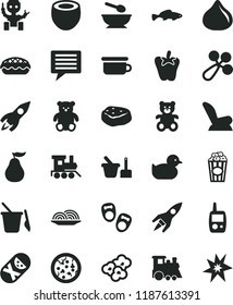 solid black flat icon set image of thought vector, baby rattle, car child seat, duckling, tumbler, toy mobile phone, sand set, children's, deep plate with a spoon, potty, teddy bear, small, train