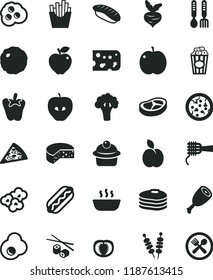 solid black flat icon set iron fork spoons vector, piece of cheese, fried vegetables on sticks, pizza, Hot Dog, noodles, muffin, porridge, chicken thigh, bacon, cabbage, peper, French fries, popcorn