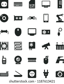 solid black flat icon set camera vector, power socket type b, f, plummet, heating coil, faucet mixer, screen, smartphone, lens, battery, electric plug, assembly robot, SIM, mobile phone, mouse