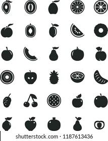 solid black flat icon set pear vector, cherry, peach, ripe, apple, pomegranate, quince, apricot, red, tasty, mulberry, slice of melon, water, half mango, loquat, delicious plum, tangerine, lemon